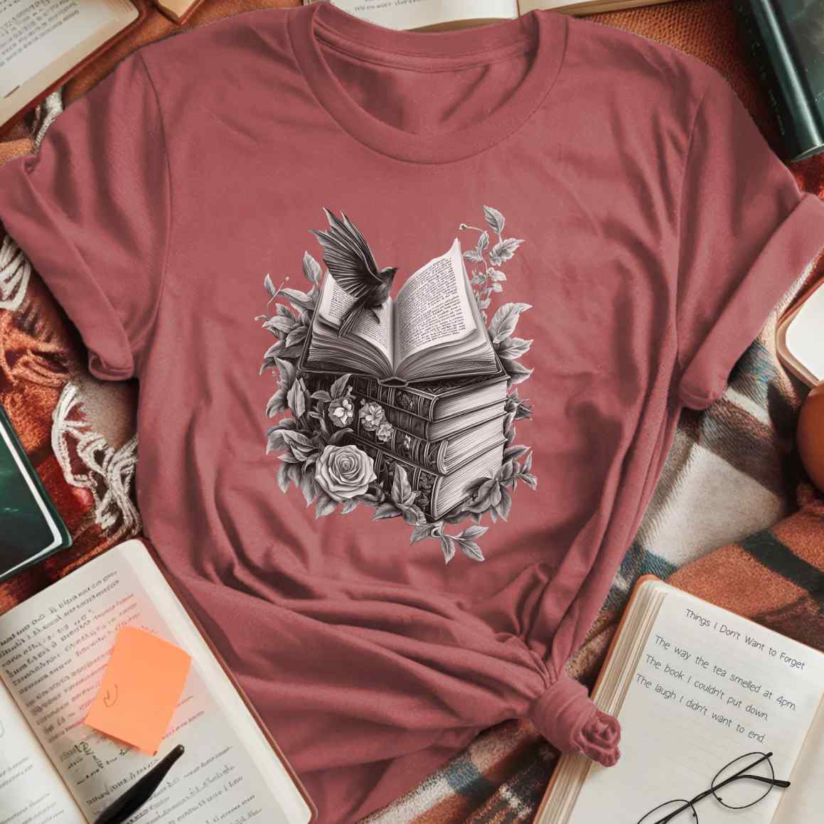 Bookish Bird & Roses T-Shirt