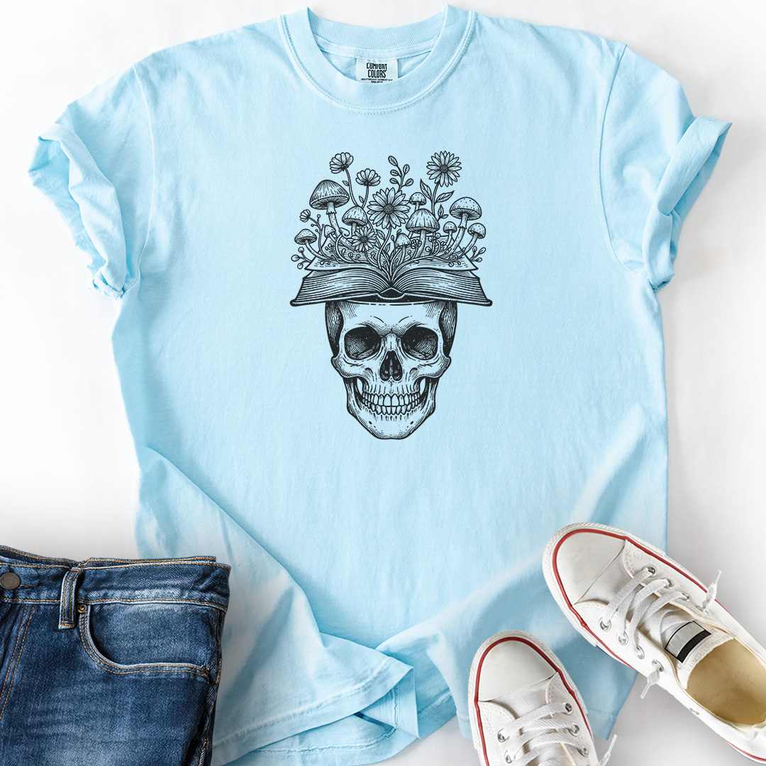 Skull Book Flowers T-Shirt