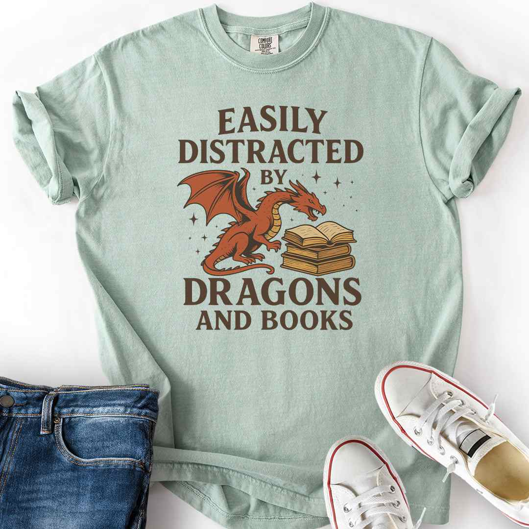 Distracted by Dragons and Books Color T-Shirt