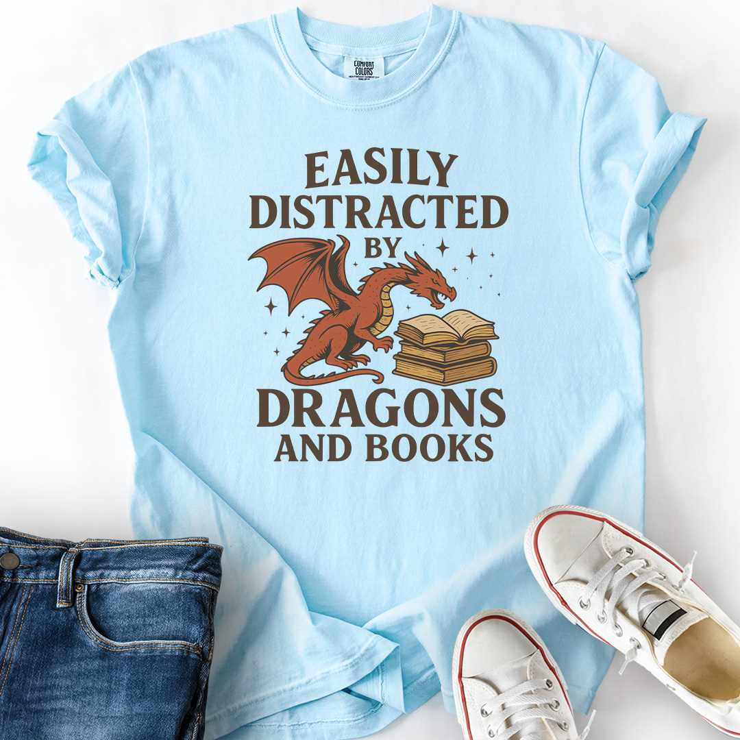 Distracted by Dragons and Books Color T-Shirt