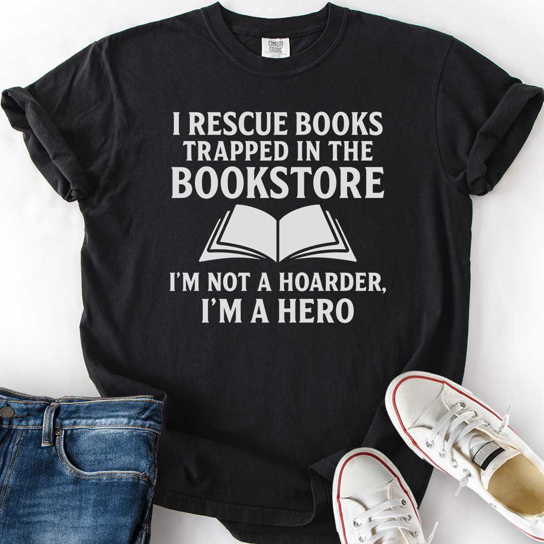 Rescue Books Bookstore humor tee comfort colors bookish gift reader black