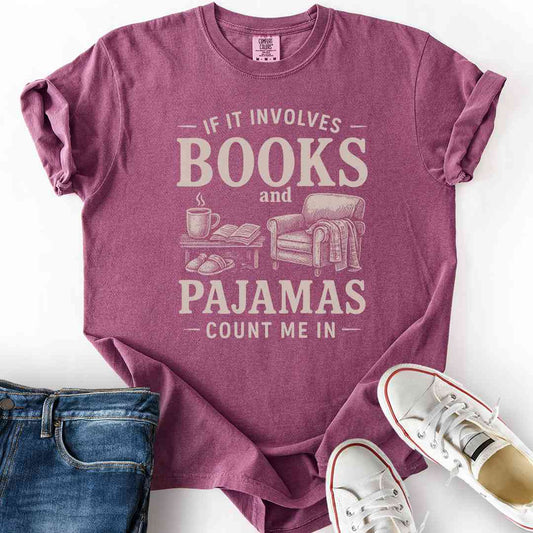 Cozy Books and Pajamas T-Shirt book lover gift printed in USA cotton berry