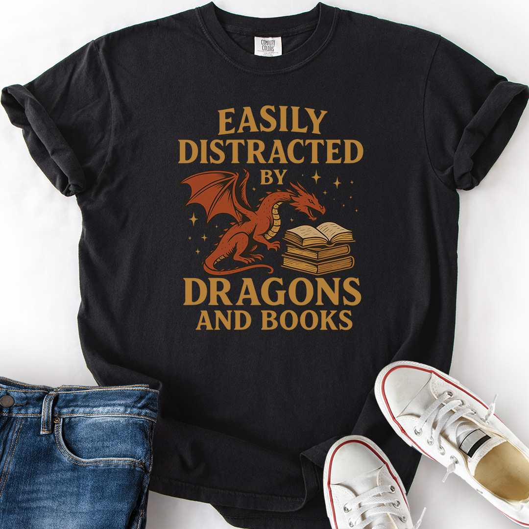 Distracted by Dragons and Books Color T-Shirt