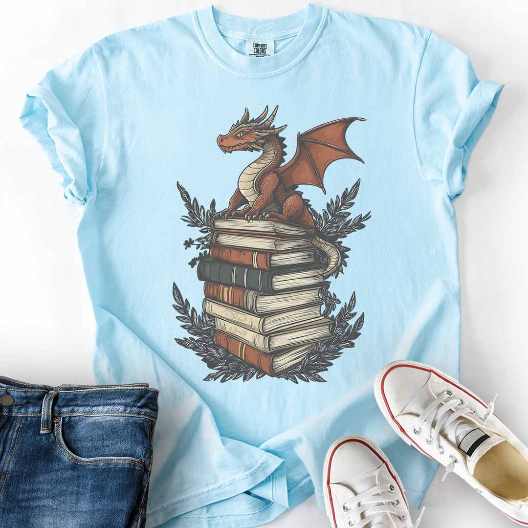 Mini Dragon on Book Stack Fantasy T-Shirt gift for fantasy book lovers chambray