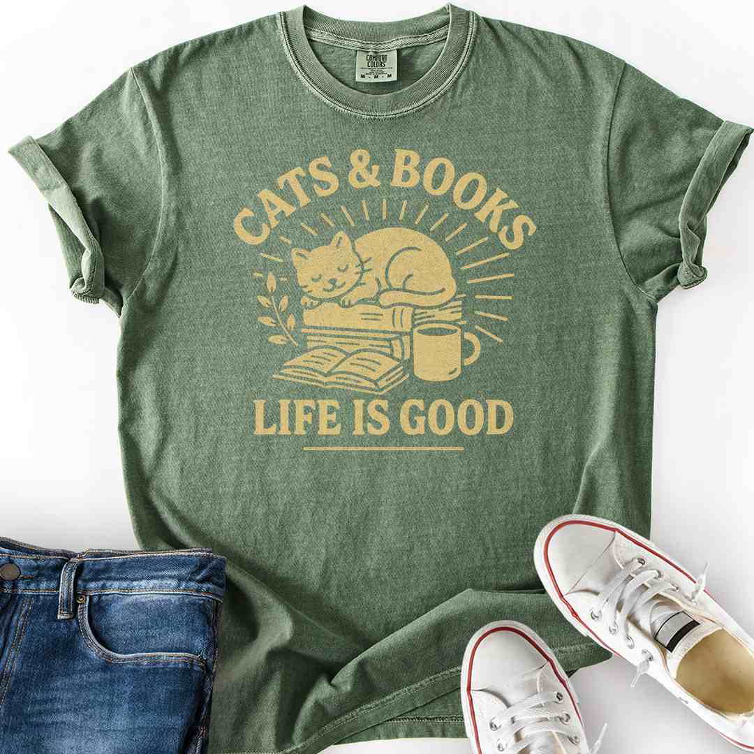 Cats and Books Life is Good T-Shirt