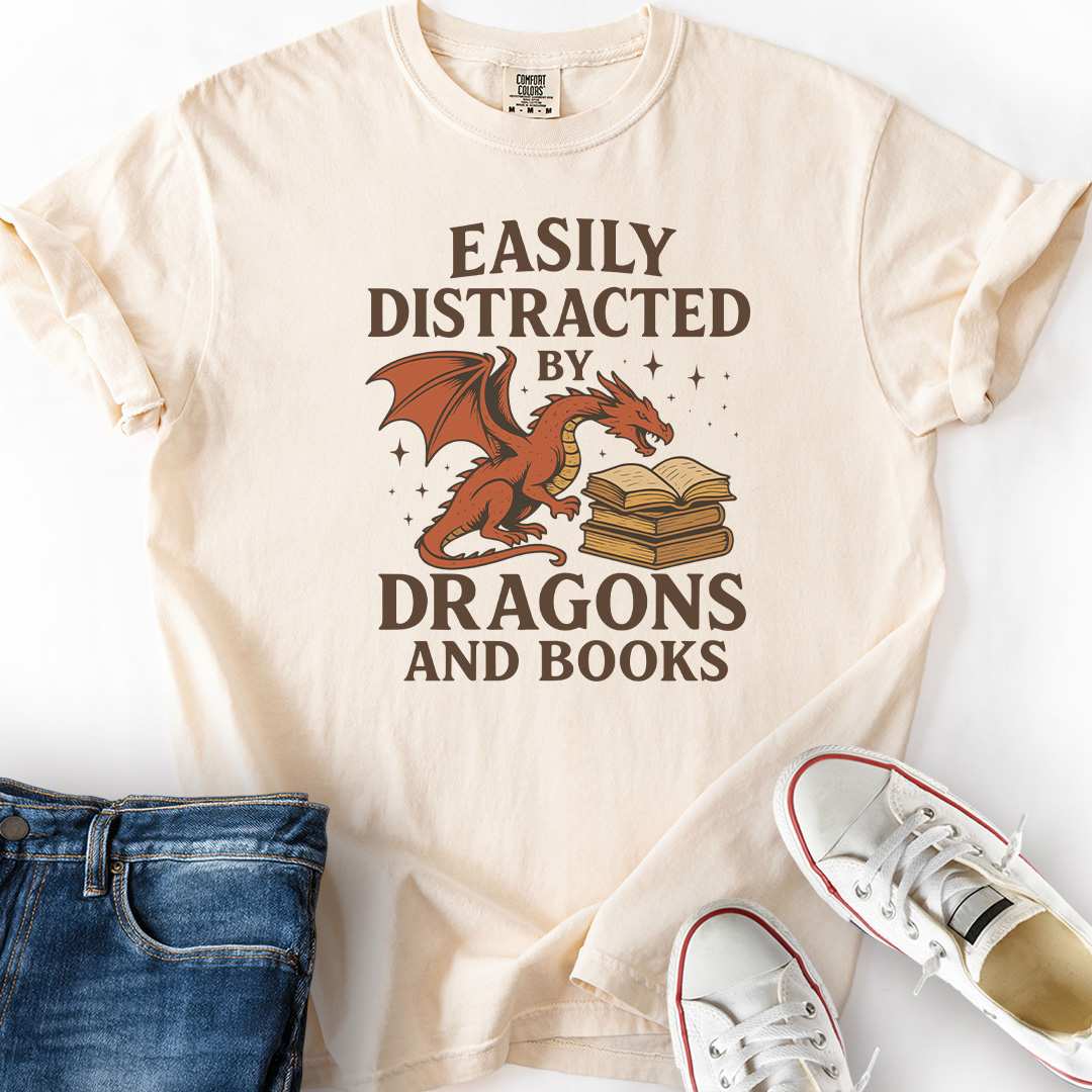 Distracted by Dragons and Books Color T-Shirt