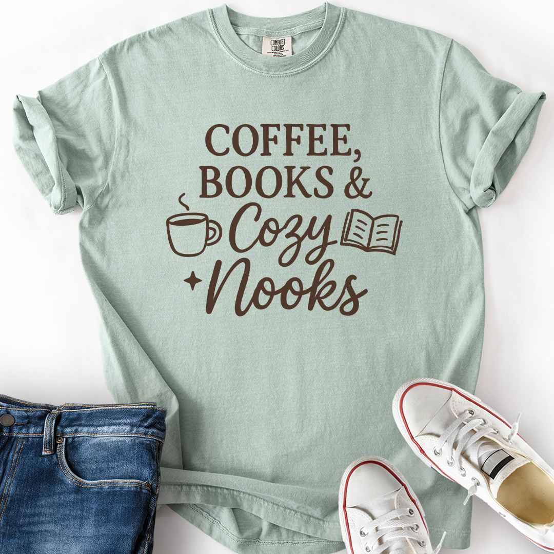 Coffee Books Cozy Nooks T-Shirt bookish apparel gift printed in USA bay