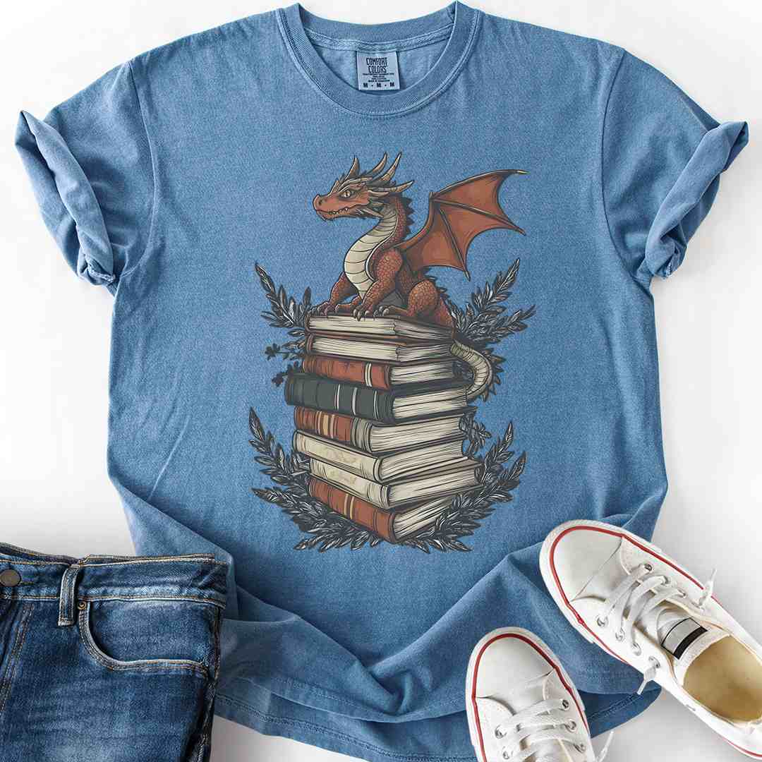 Dragon Book Stack tee fantasy reader gift comfort colors soft cotton blue jean
