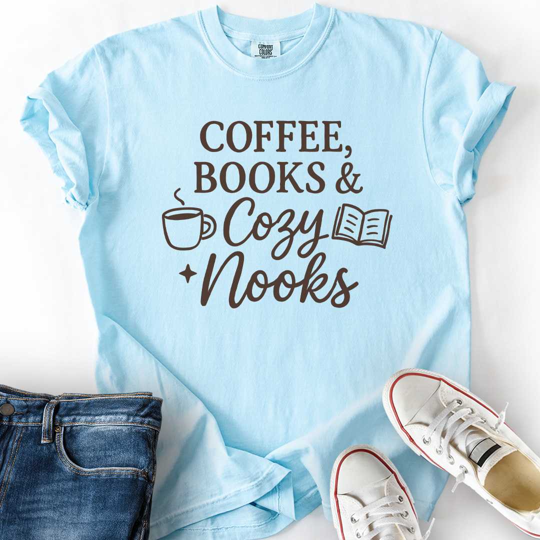 Coffee Books Cozy Nooks T-Shirt bookish apparel gift printed in USA chambray