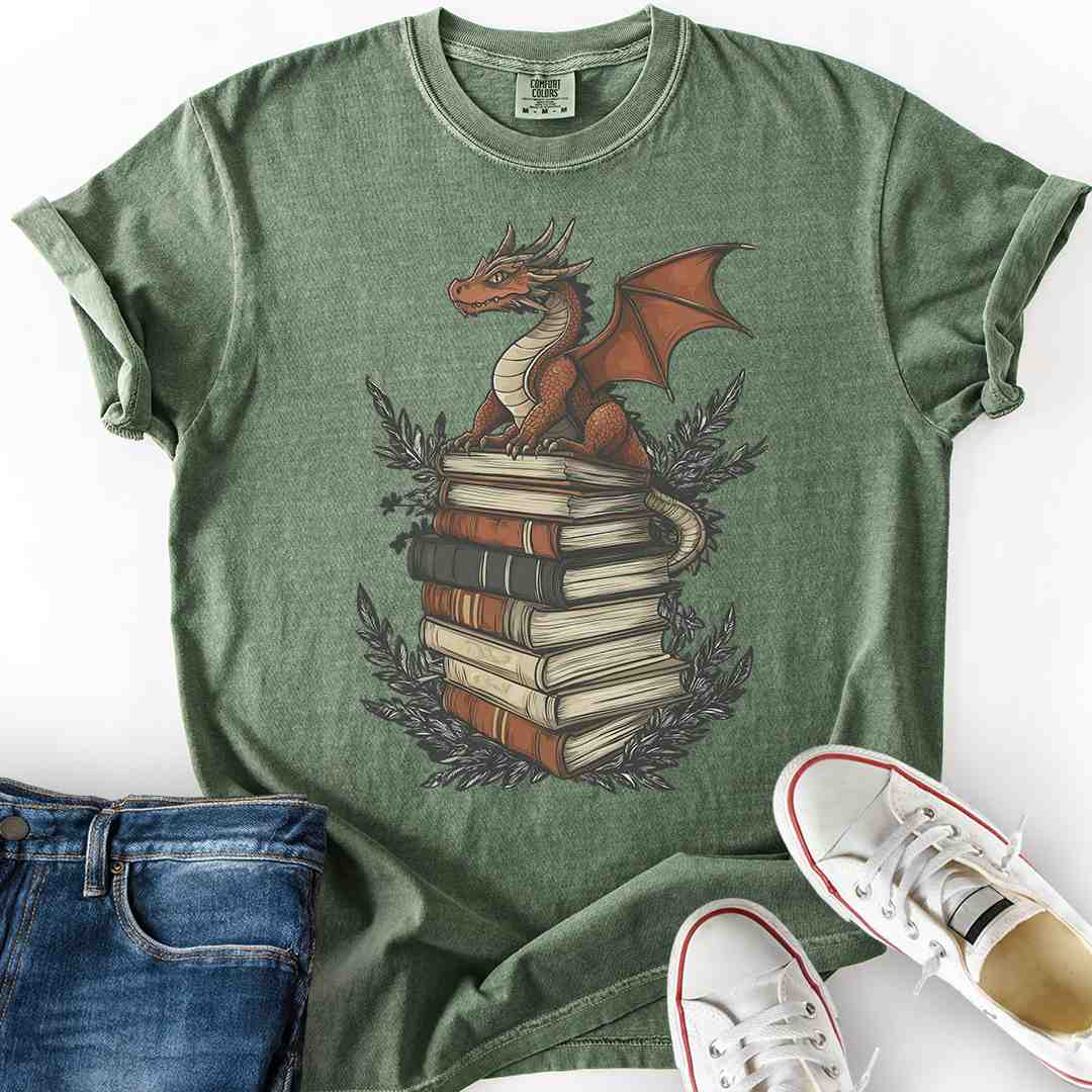Mini Dragon Fantasy T-Shirt bookish fantasy apparel printed in USA moss