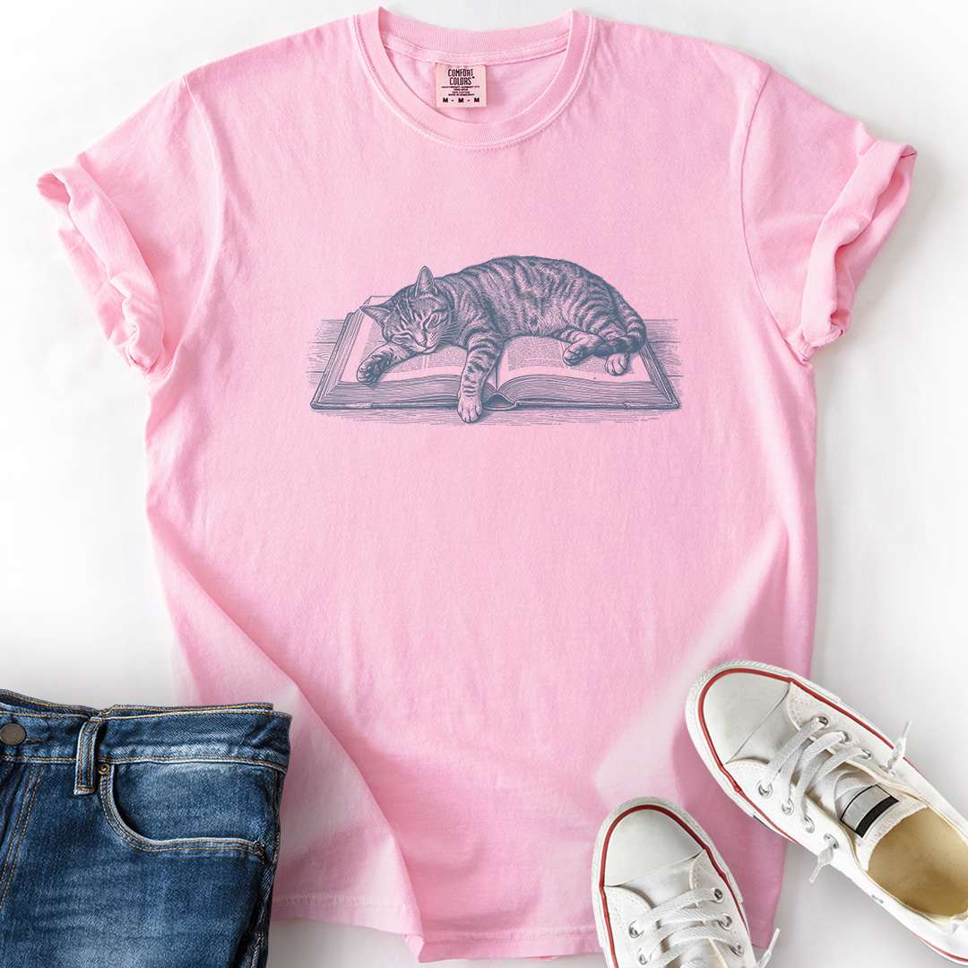 Cat Asleep On Book T-Shirt