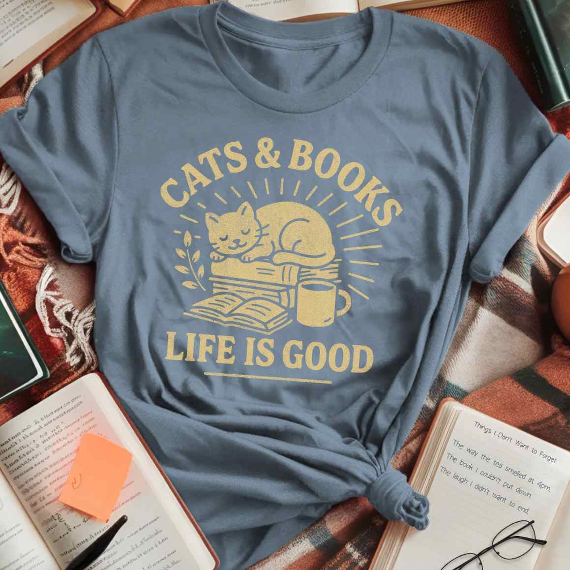 Cats and Books Life is Good T-Shirt