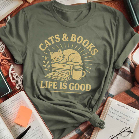 Cats and Books Life is Good T-Shirt
