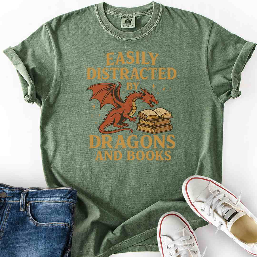 Distracted by Dragons and Books Color T-Shirt