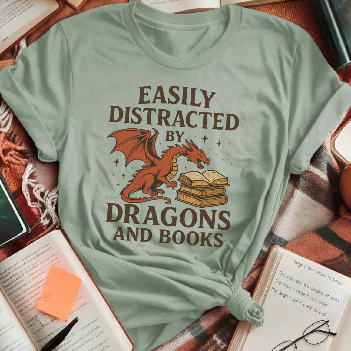 Distracted by Dragons and Books Color T-Shirt