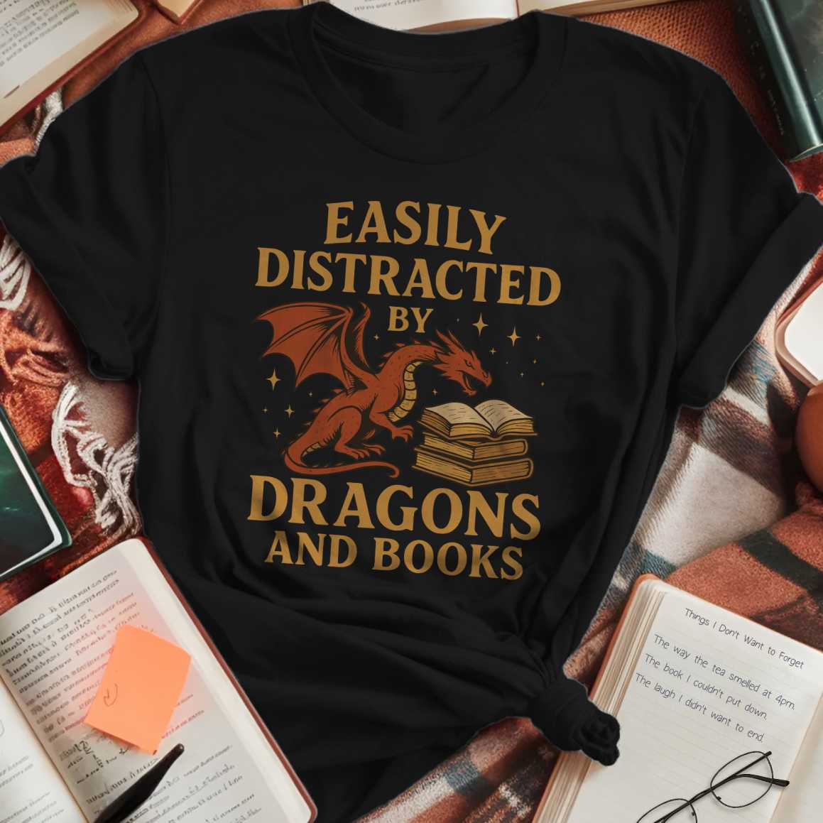 Distracted by Dragons and Books Color T-Shirt