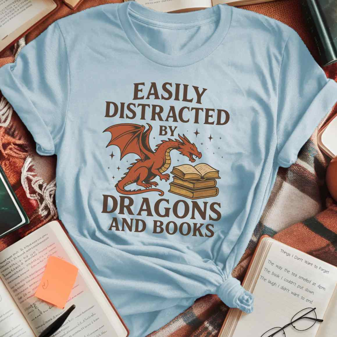 Distracted by Dragons and Books Color T-Shirt