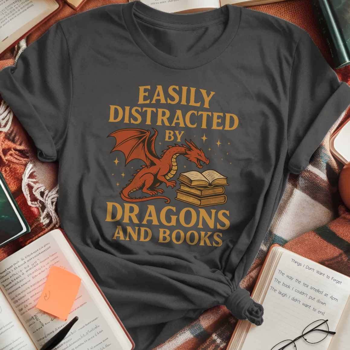 Distracted by Dragons and Books Color T-Shirt
