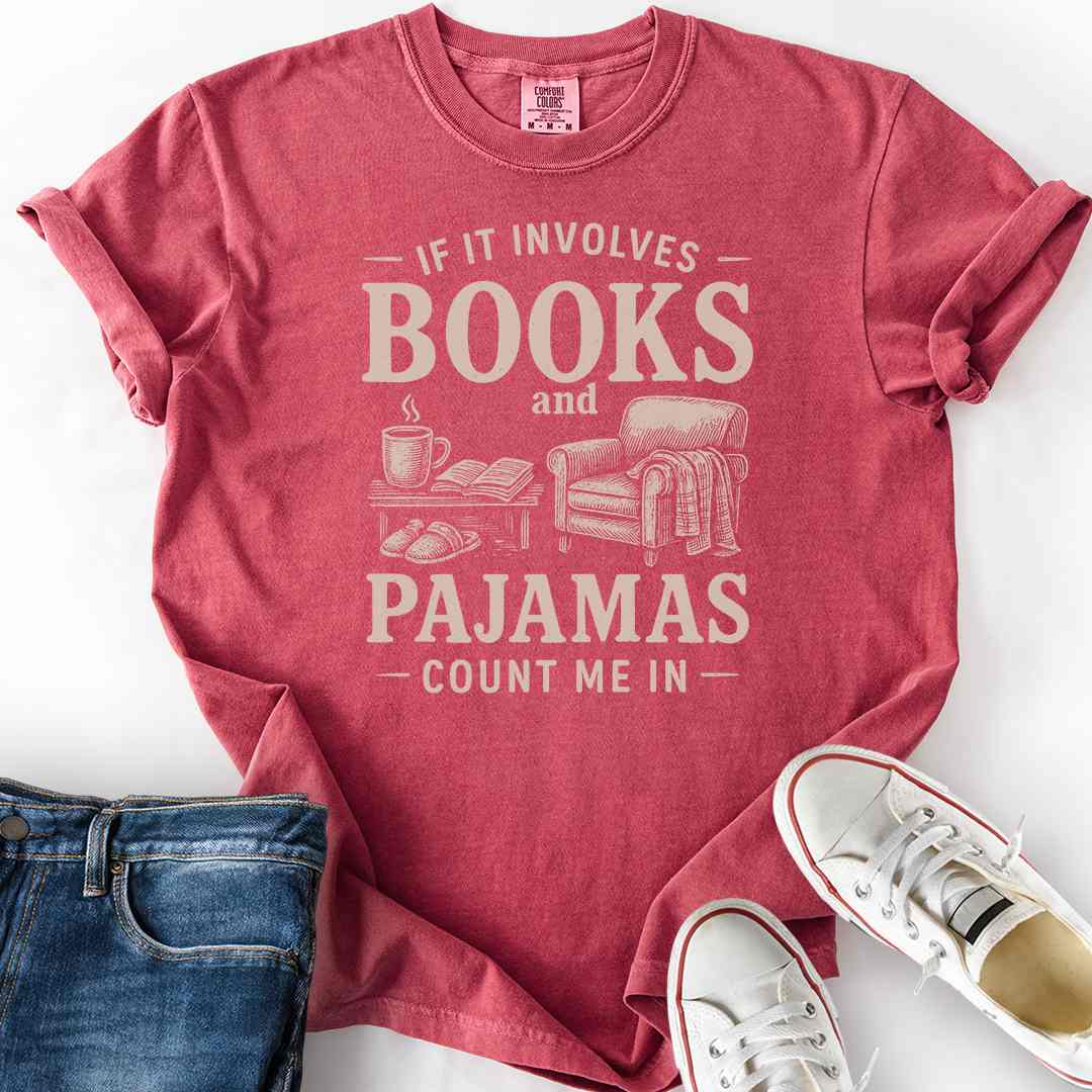 Cozy Books and Pajamas T-Shirt book lover gift printed in USA cotton crimson