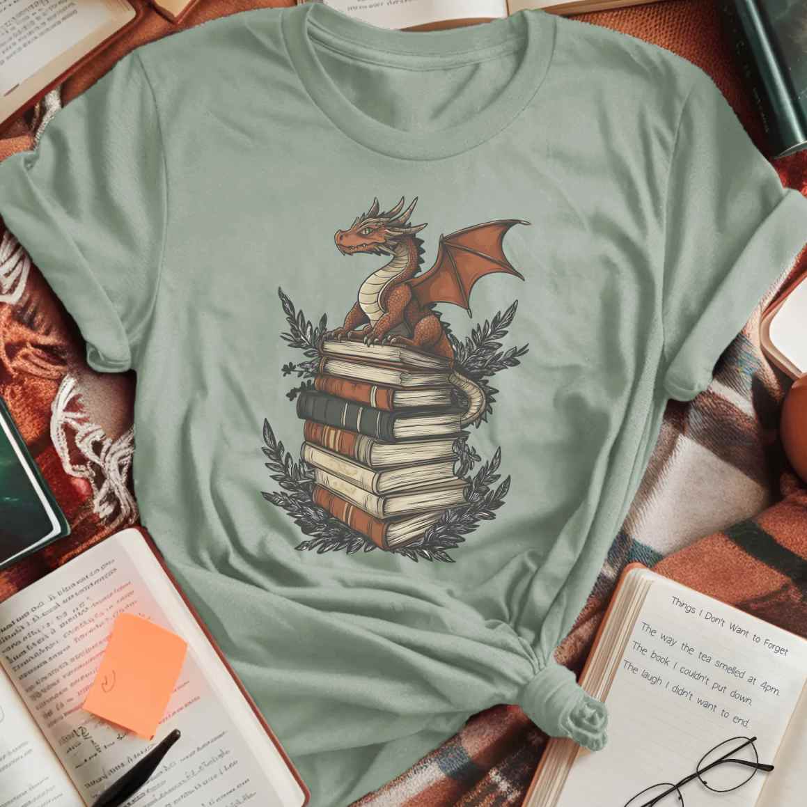 Mini Dragon on Book Stack Fantasy T-Shirt