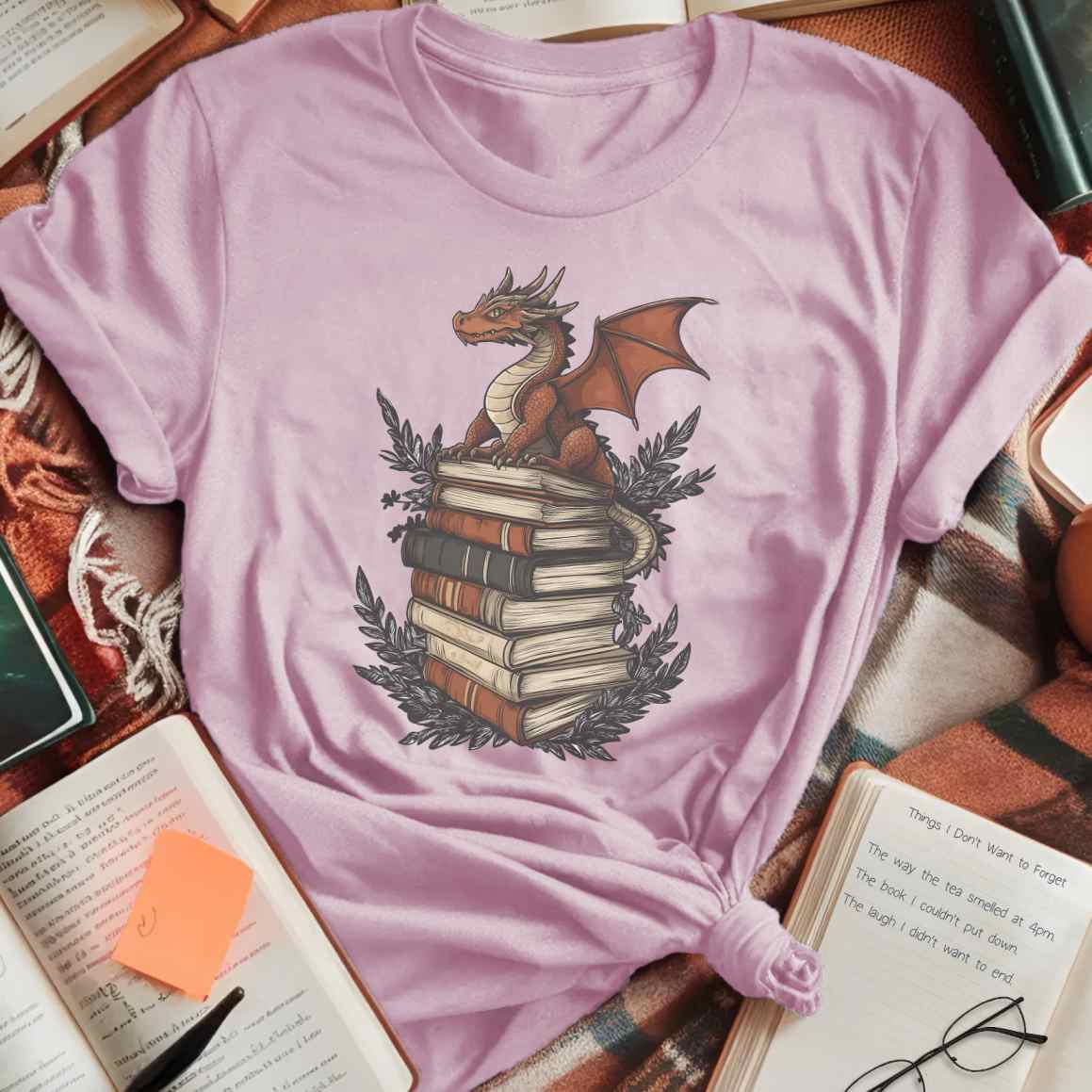 Mini Dragon on Book Stack Fantasy T-Shirt