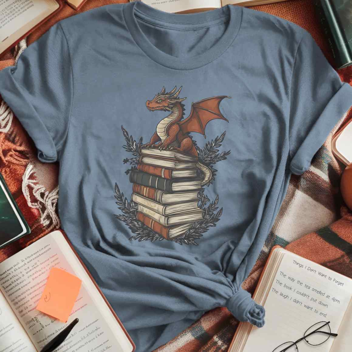 Mini Dragon on Book Stack Fantasy T-Shirt