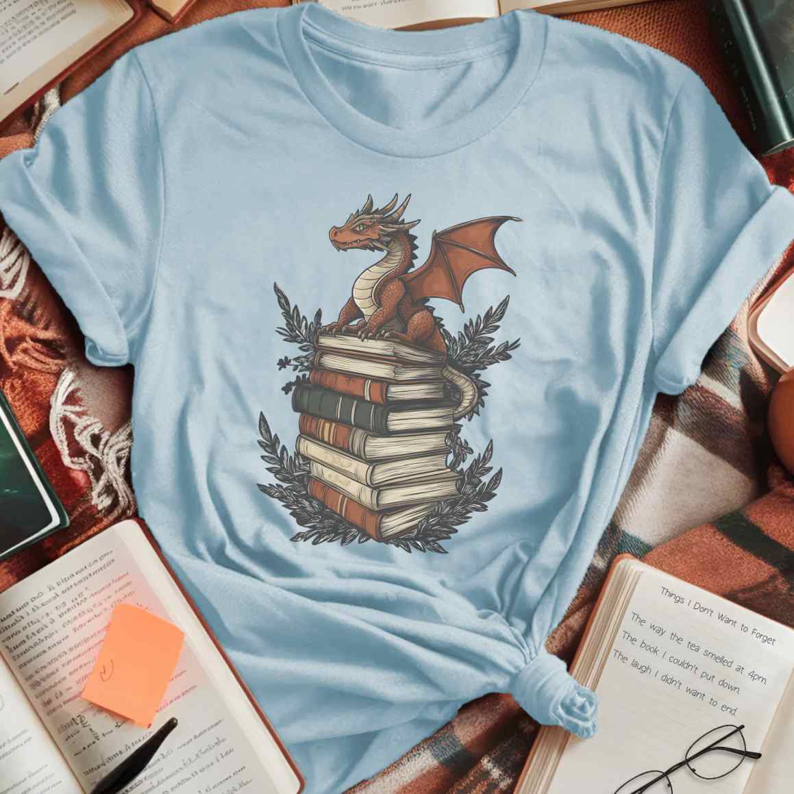 Mini Dragon on Book Stack Fantasy T-Shirt