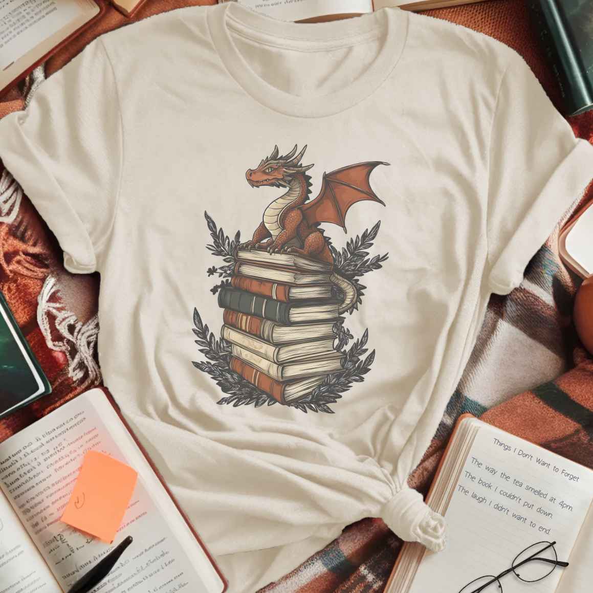 Mini Dragon on Book Stack Fantasy T-Shirt