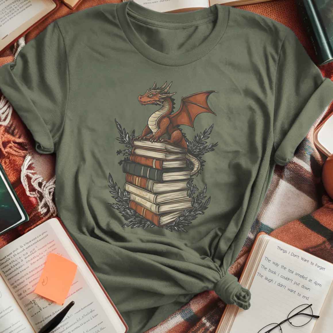 Mini Dragon on Book Stack Fantasy T-Shirt