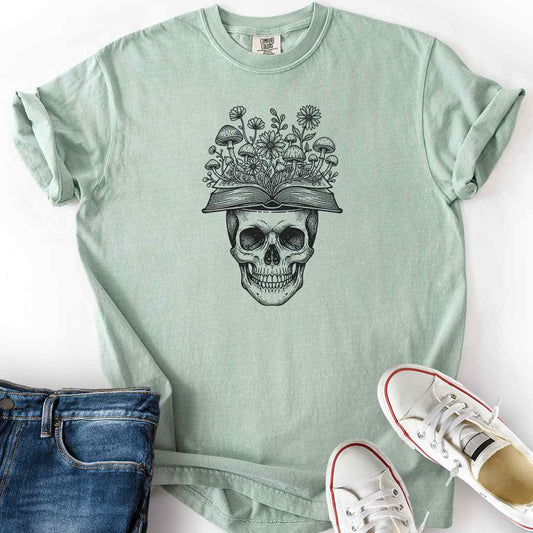 Skull Book Flowers T-Shirt