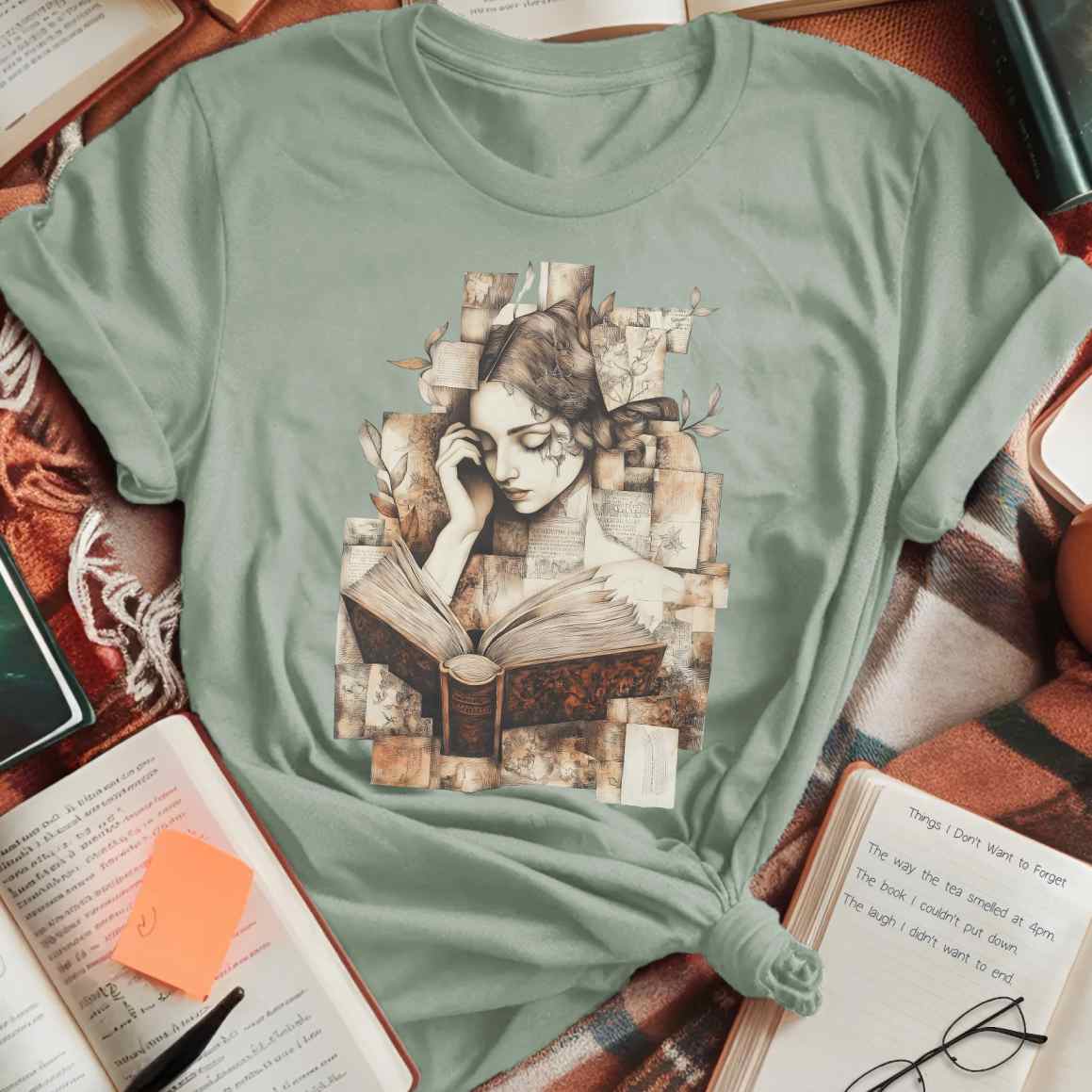 Surreal Portrait with Floating Pages T-Shirt
