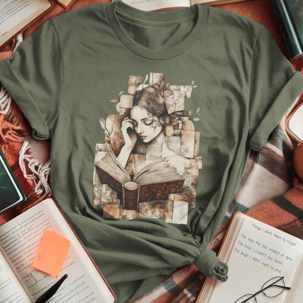 Surreal Portrait with Floating Pages T-Shirt