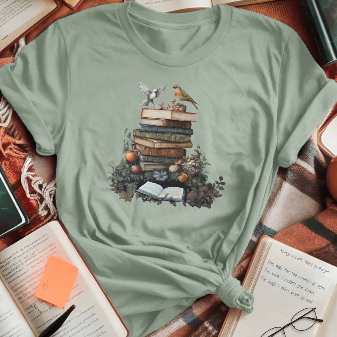 Vintage Books and Birds Still Life T-Shirt