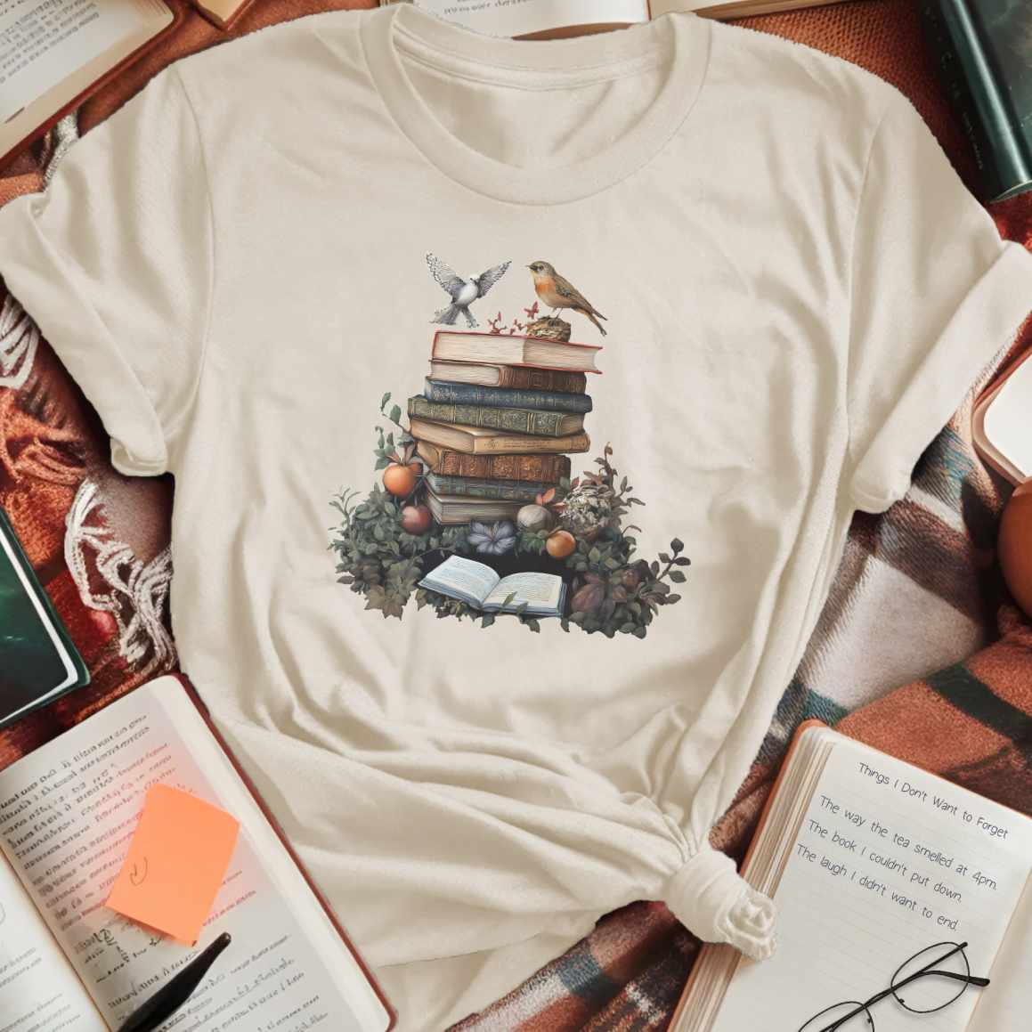 Vintage Books and Birds Still Life T-Shirt